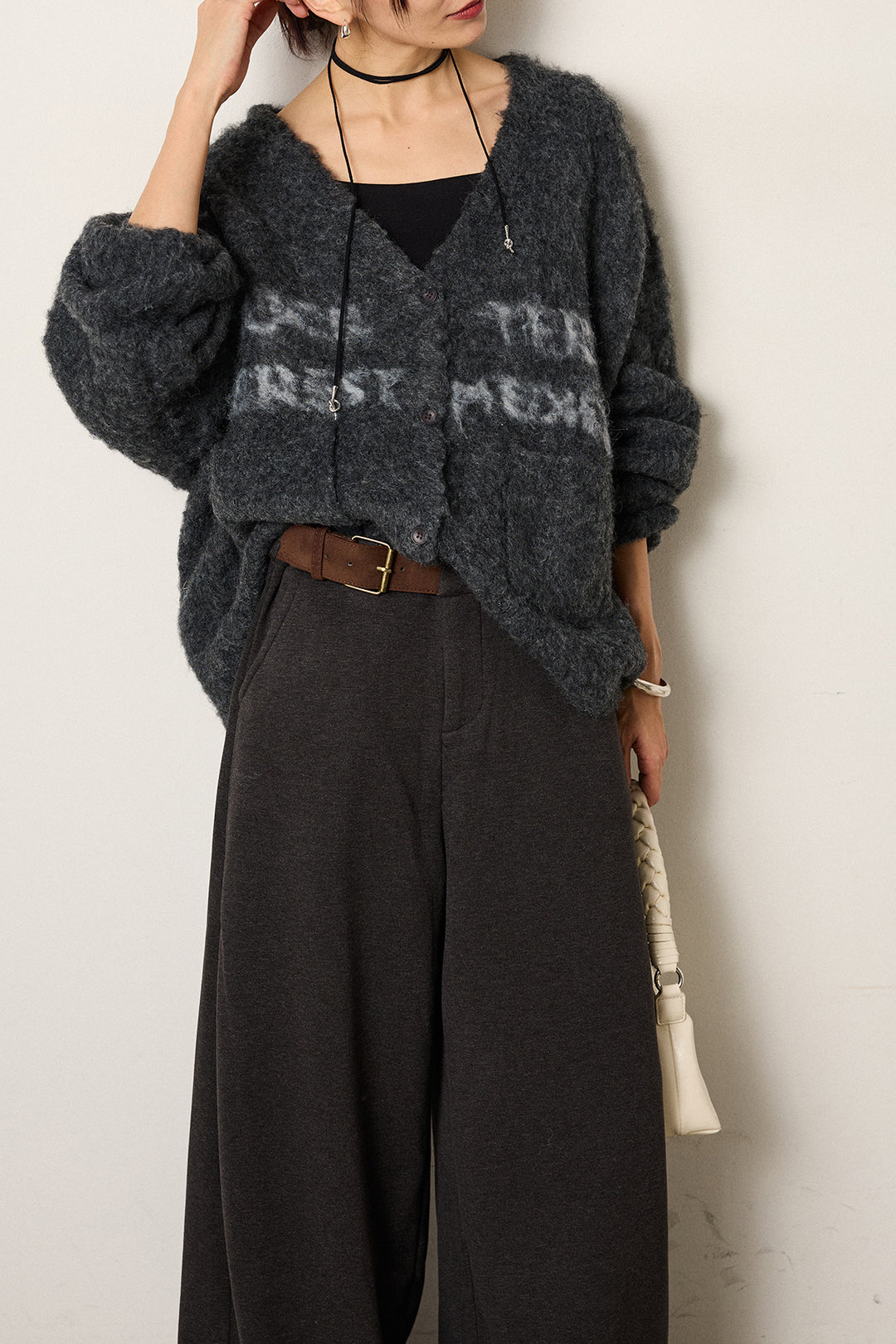 [SET]ウール混透かしロゴニットカーディガン+サイドベルトパンツ(2set)