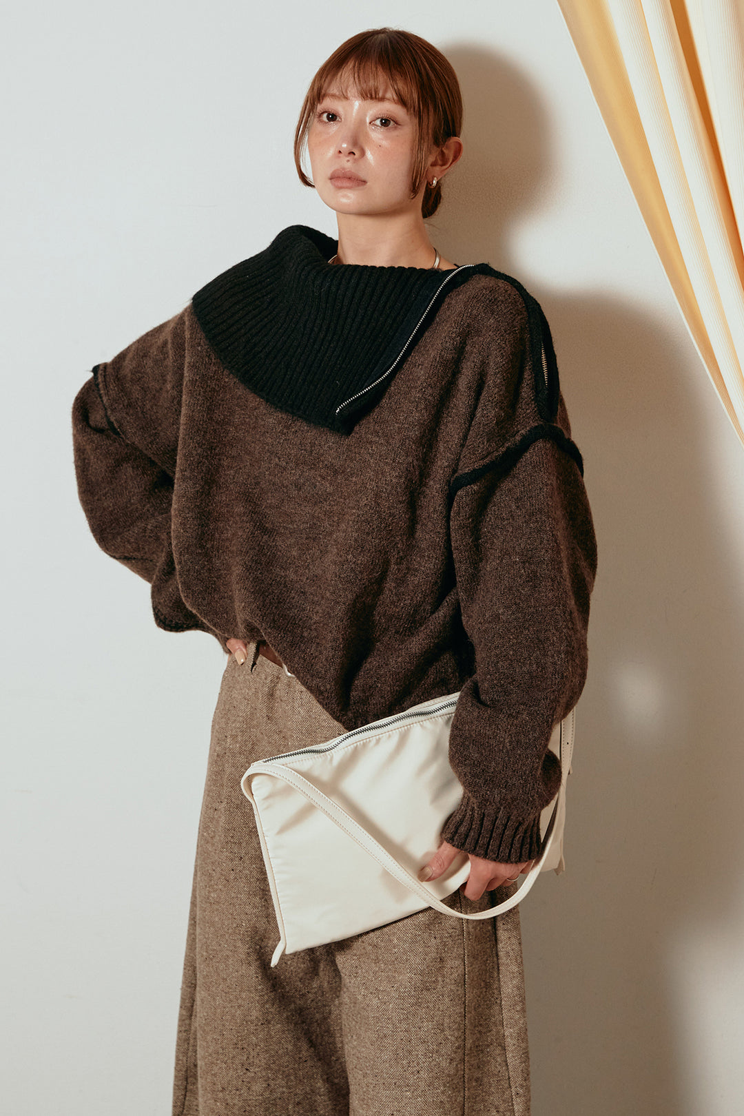 [SET]ハイネックジップデザインニットトップス+ベルト付きネップツイードカーブパンツ(2set)