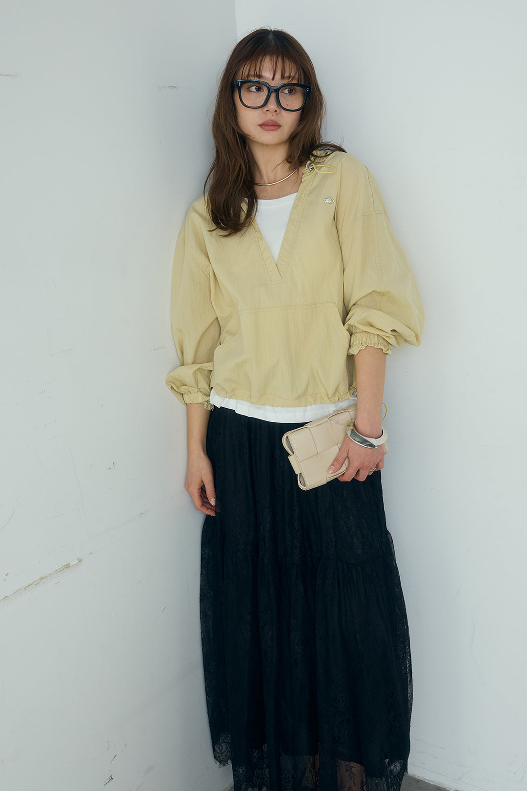 [SET]レイヤードデザインフーディートップス+ひげレース切替ロング丈スカート(2set)