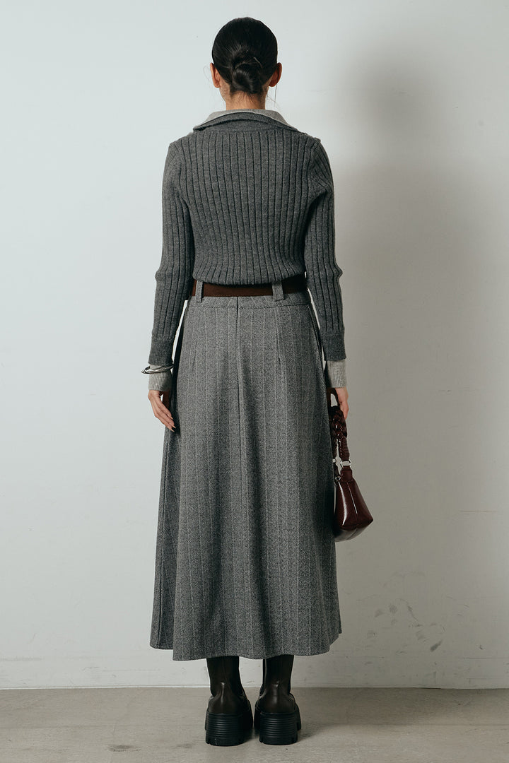 [SET]レイヤード風リブニットトップス+太ベルト付きヘリンボーンプリーツスカート(2set)