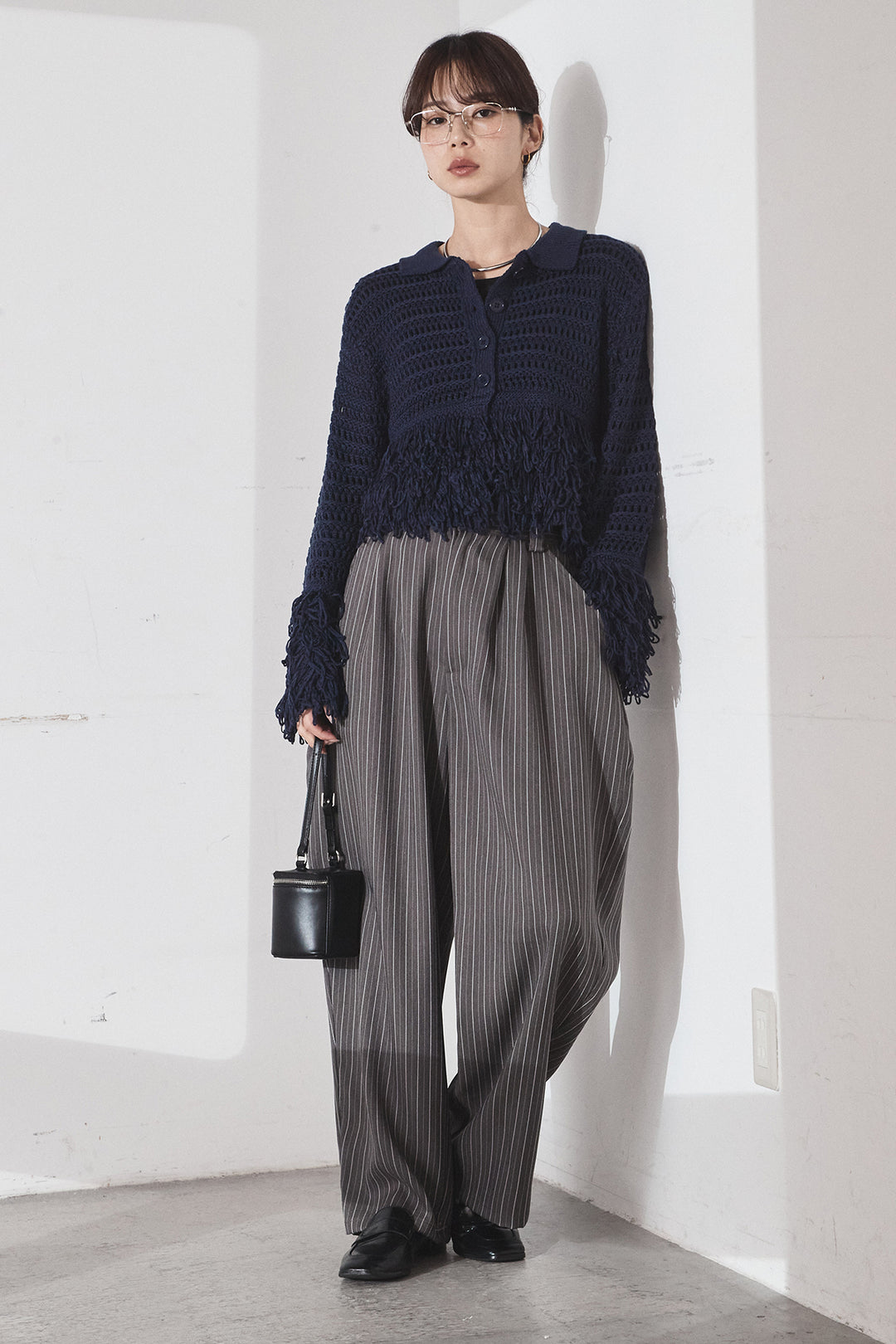 [SET]メッシュフリンジカーディガン+ヘリンボーンストライプツータックパンツ(2set)