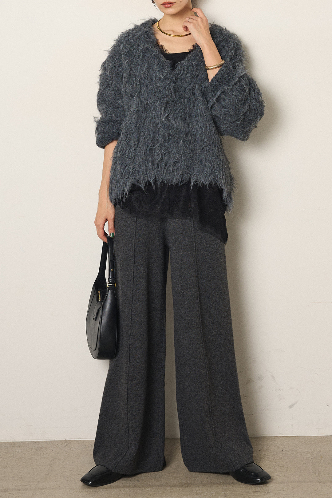 [SET]起毛シャギーニットカーディガン+センターラインニットパンツ(2set)