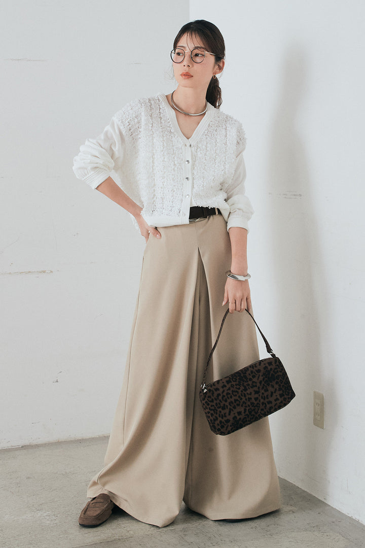 [SET]モコレースVネックカーディガン+太ベルト付きフロントタックパンツ(2set)