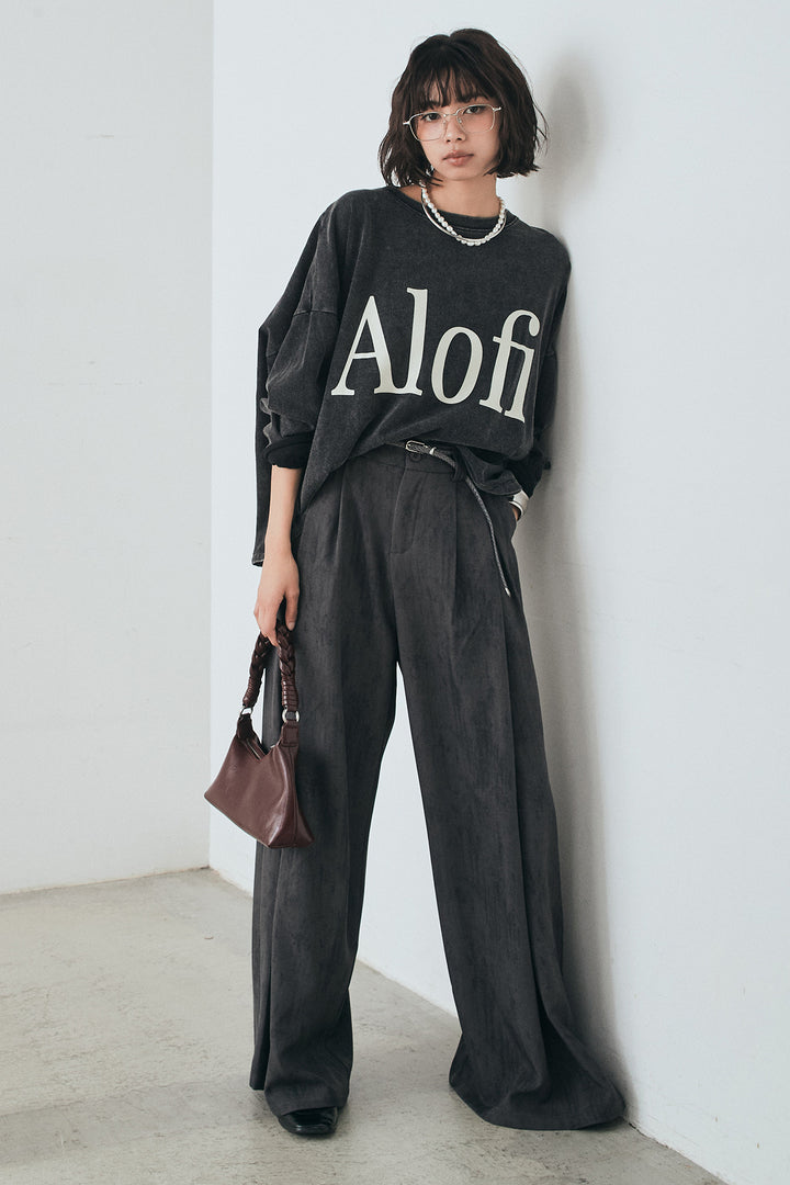[SET]裾センタードロストロゴプリントワイドTシャツ+紐ベルト付きかすれ柄ワイドスラックス(2set)
