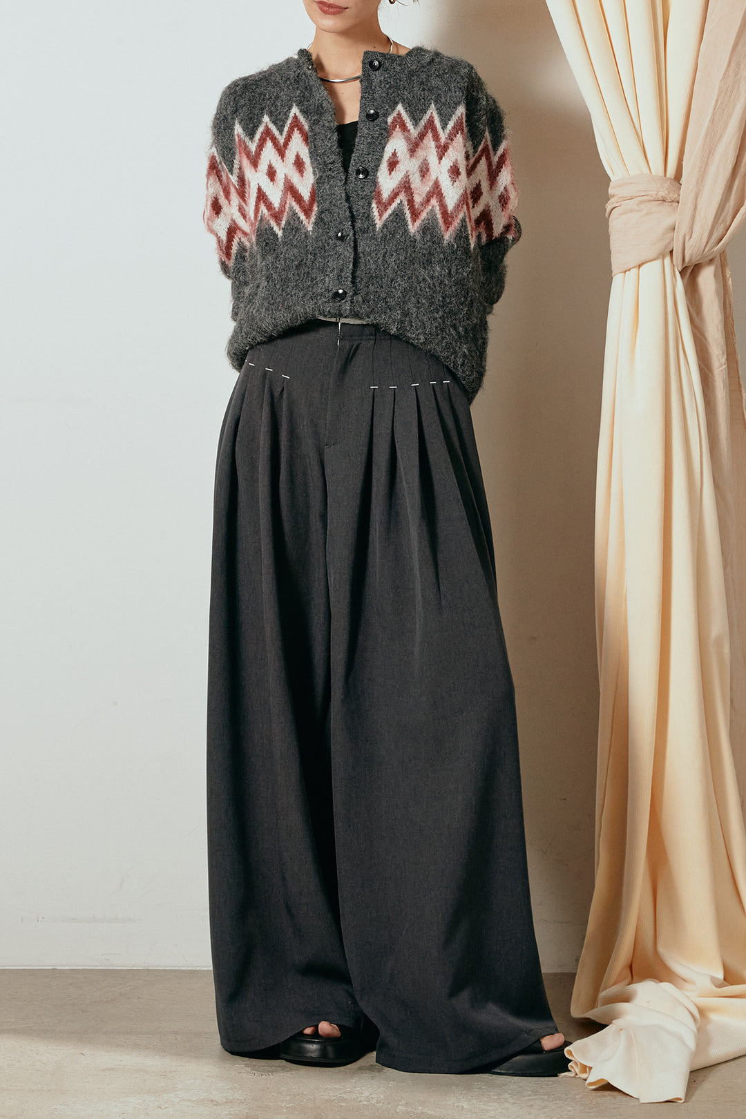 [SET]起毛ノルディック柄ニットカーディガン+ウエストステッチデザインワイドスラックス(2set)