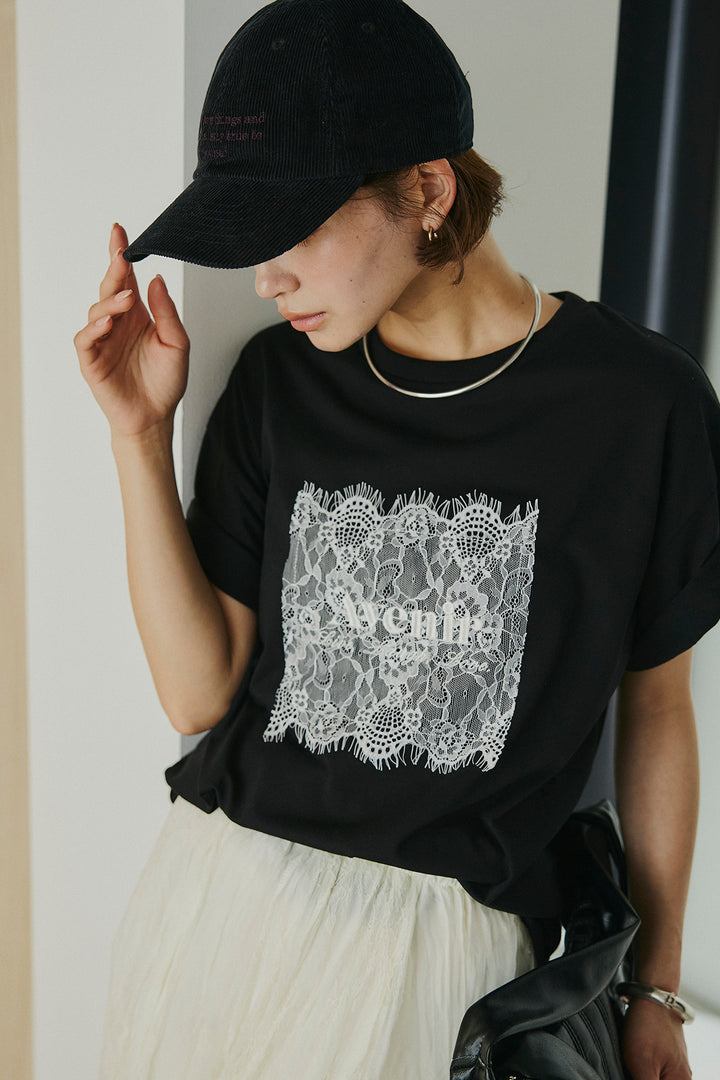 [SET]レースロゴ刺繍Tシャツ+レースコンビワッシャーギャザースカート(2set)