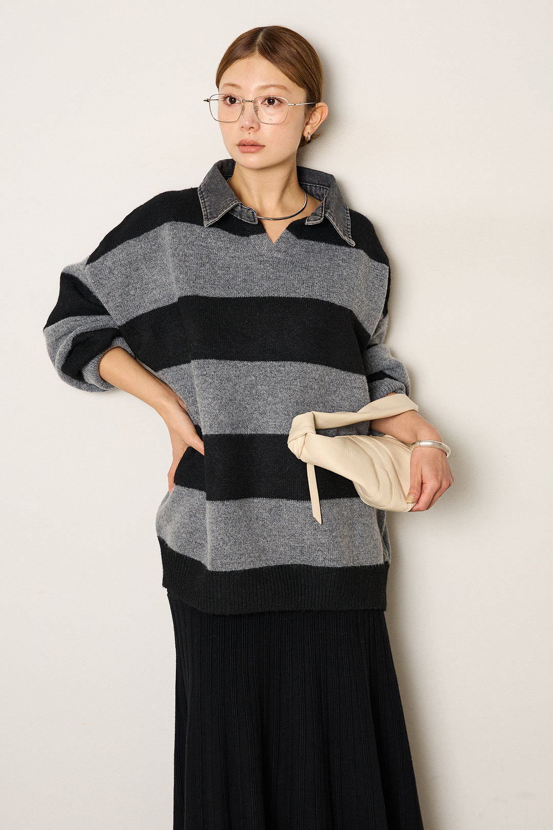 [SET]デニムカラーボーダールーズニット+編み地切り替えフレアニットスカート(2set)