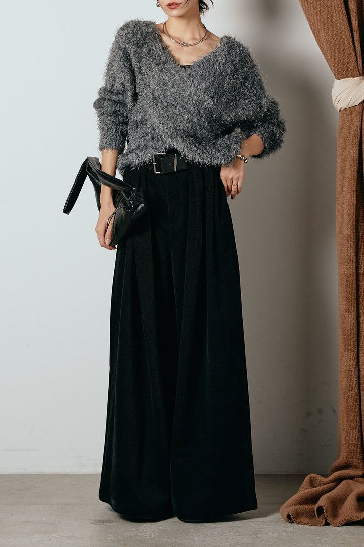 [SET]シャギークロスニットトップス+ベルトループコーデュロイワイドパンツ(2set)