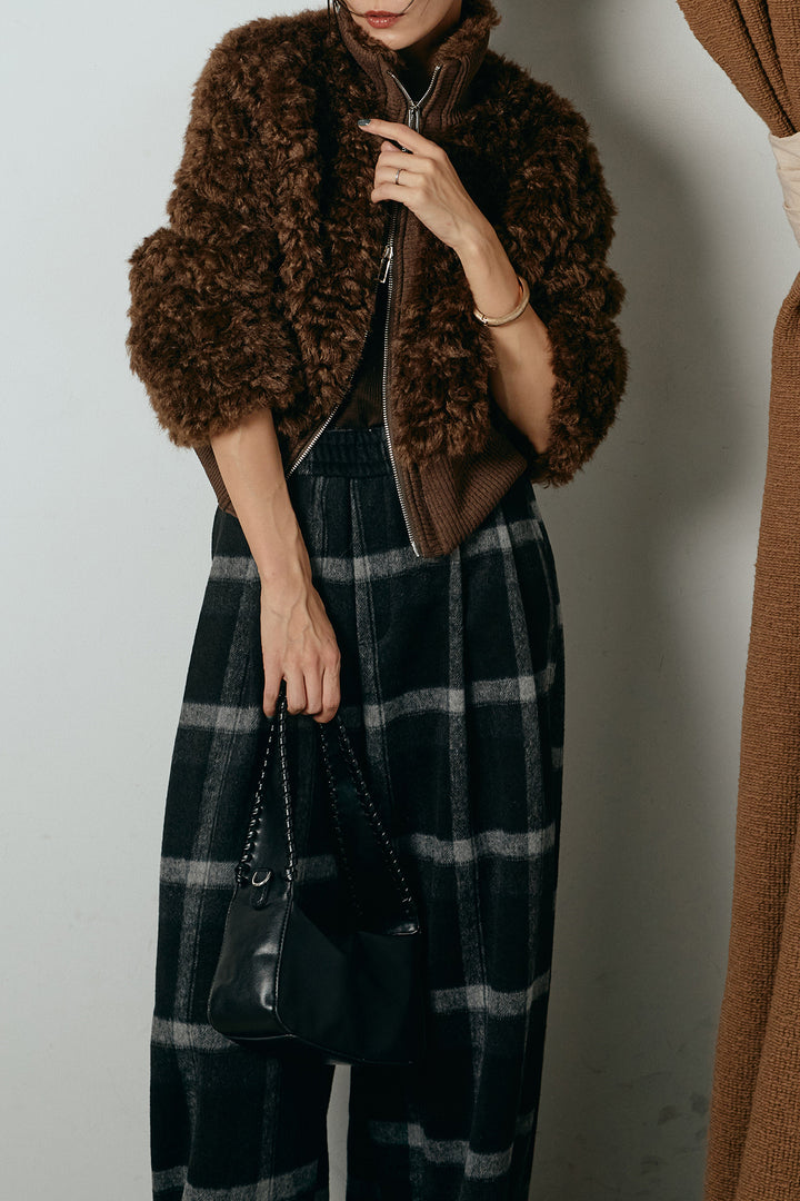 [SET]ハイネックショート丈ボアジップブルゾン+起毛タータンチェック柄ワイドパンツ(2set)