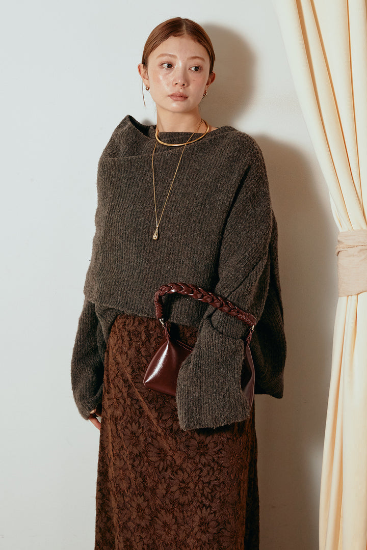 [SET]ケープデザインリブニットトップス+花柄刺繍ベロアフレアスカート(2set)