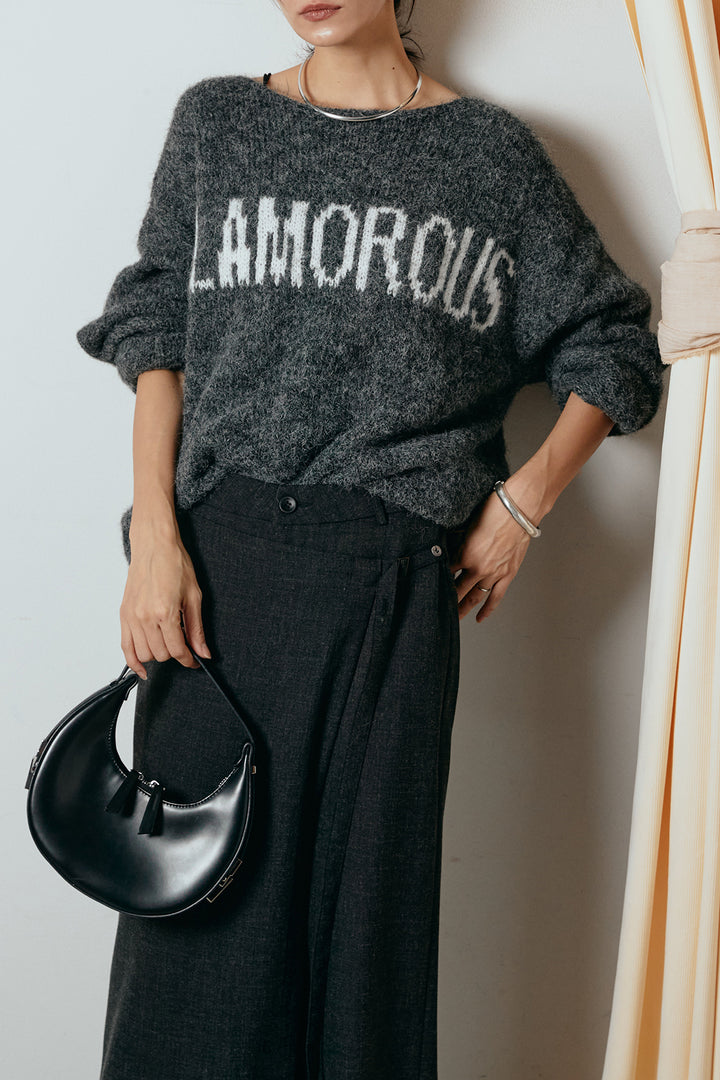 [SET]フロントロゴデザインニットトップス+ラップ巻きワイドスラックス(2set)