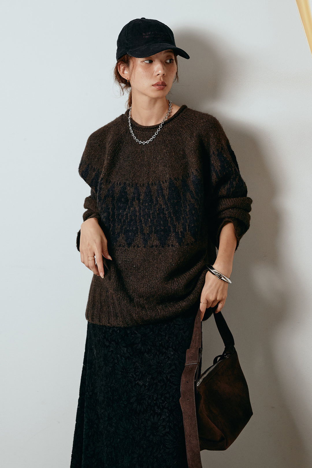 [SET]モノトーン柄ニットトップス+花柄刺繍ベロアフレアスカート(2set)