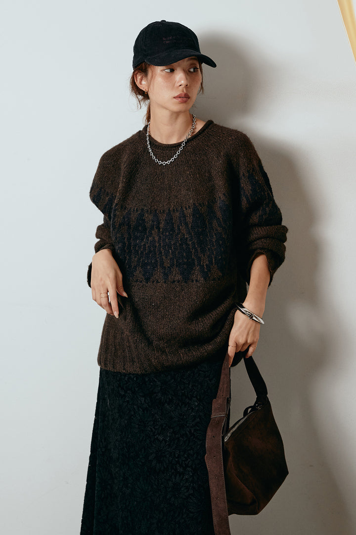 [SET]モノトーン柄ニットトップス+花柄刺繍ベロアフレアスカート(2set)