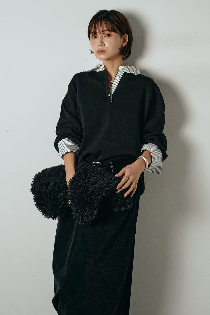 [SET]ストライプシャツドッキングポロトップス+ポーチベルト付きコーデュロイワイドスカート(2set)