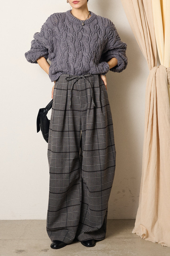 [SET]ケーブルリラックスショートニット+グレンチェックルーズタックパンツ(2set)
