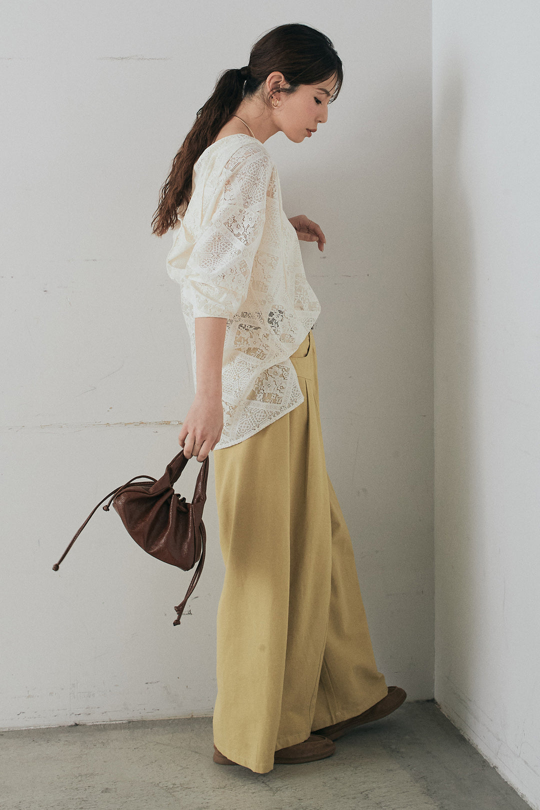 [SET]ブロックレースフード付きブラウス+ベルト付きサイドタックワイドパンツ(2set)