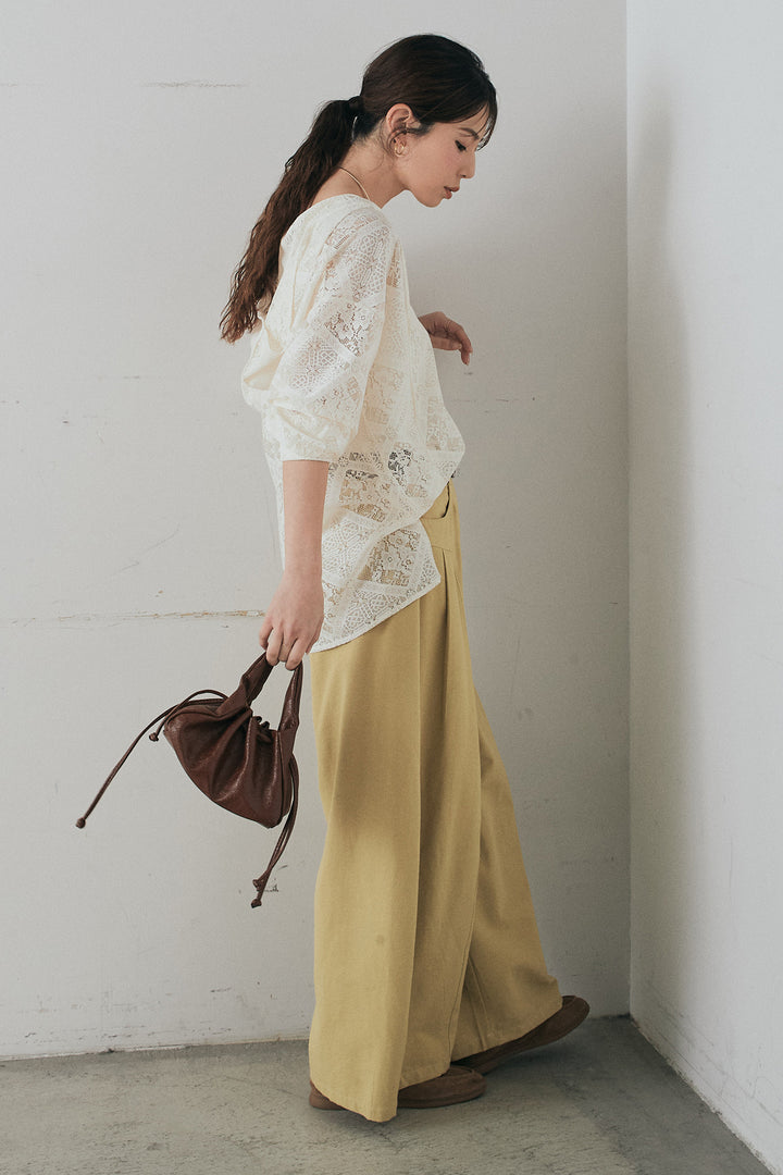 [SET]ブロックレースフード付きブラウス+ベルト付きサイドタックワイドパンツ(2set)