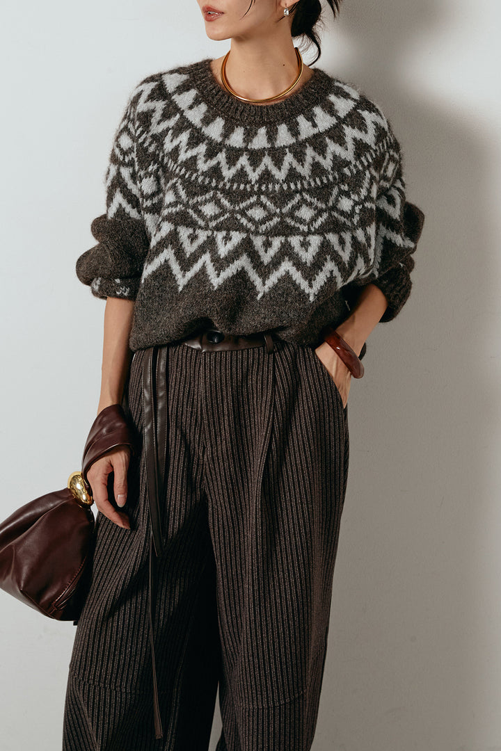 [SET]ノルディック柄Uネックプルオーバー+レザーライク配色ストライプパンツ(2set)