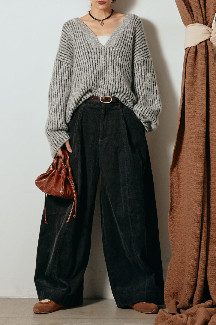 [SET]アルパカタッチ深Vニットトップス+タック入りコーデュロイワイドパンツ(2set)