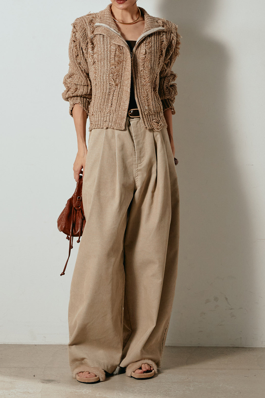 [SET]ハイネックフリンジジップニットトップス+フロントタック入りコーデュロイパンツ(2set)