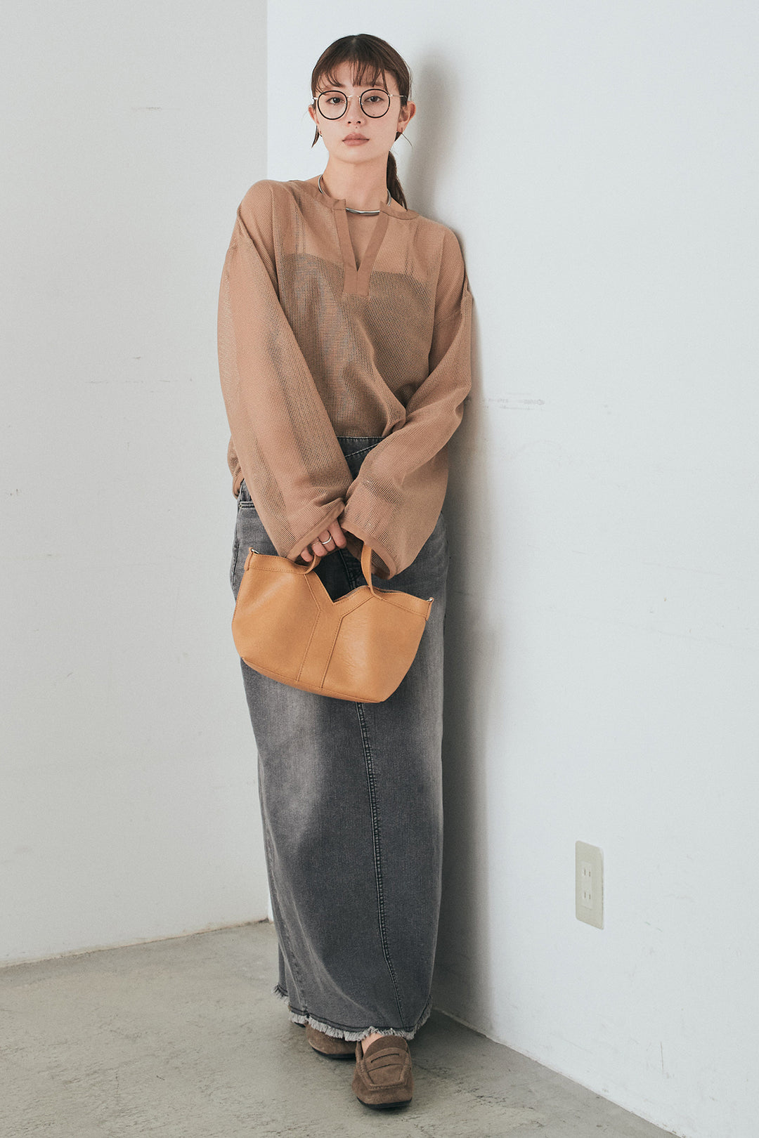 [SET]メッシュカットソースキッパープルオーバー+ウエストクロスデニムタイトスカート(2set)