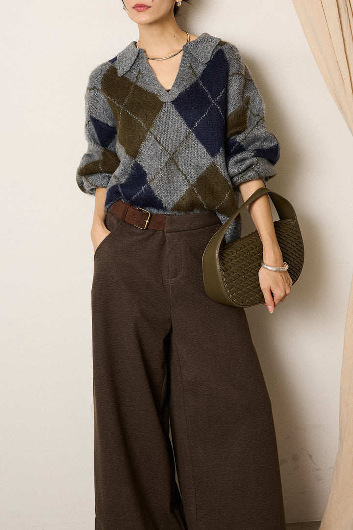 [SET]アクリルモヘアアーガイルキーネックプルオーバー+サイドベルトパンツ(2set)