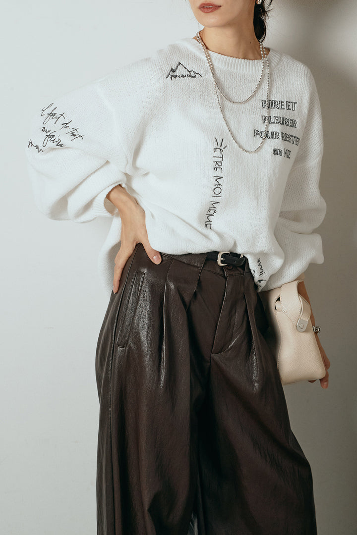 [SET]刺繍ロゴランダムデザインニットトップス+ベルト付きレザーライクタックパンツ(2set)