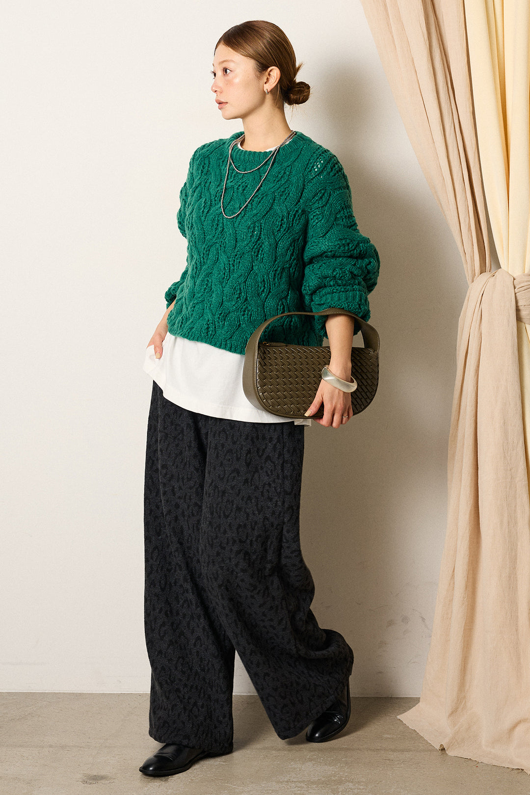 [SET]ケーブルリラックスショートニット+レオパードジャガードニットパンツ(2set)
