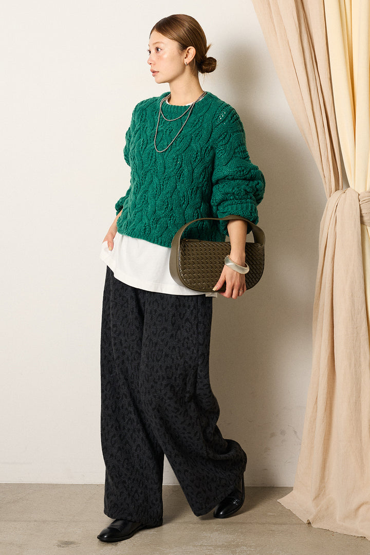 [SET]ケーブルリラックスショートニット+レオパードジャガードニットパンツ(2set)