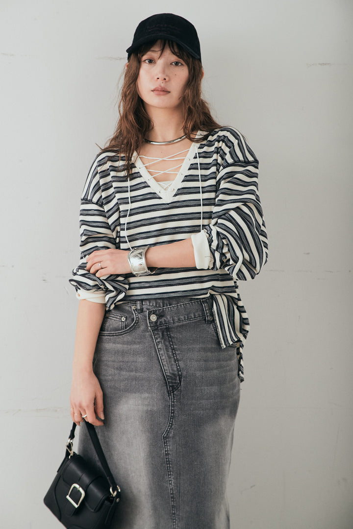 [SET]レースアップワッフルボーダートップス+ウエストクロスデニムタイトスカート(2set)