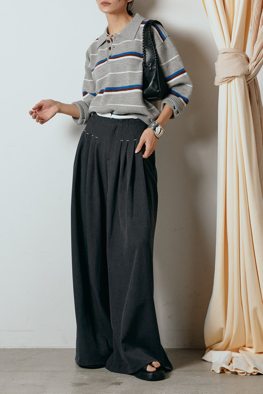 [SET]襟付きマルチボーダーニットポロトップス+ウエストステッチデザインワイドスラックス(2set)