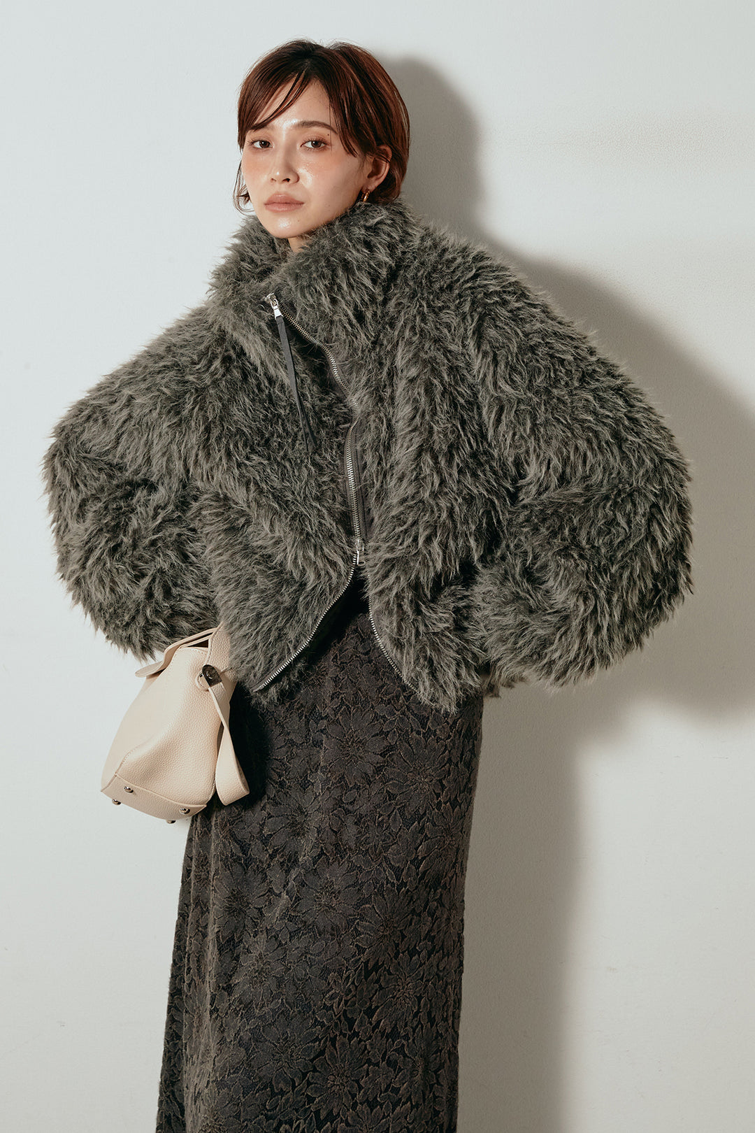 [SET]ミックスシープファースタンドブルゾン+花柄刺繍ベロアフレアスカート(2set)