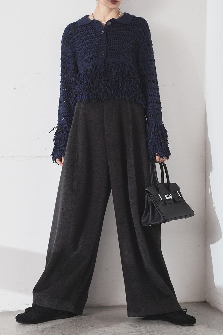 [SET]メッシュフリンジカーディガン+ウールタッチカーブワイドパンツ(2set)