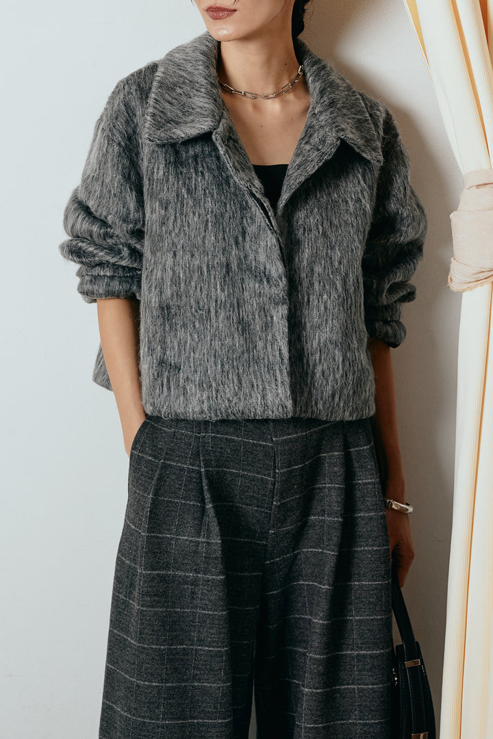 [SET]シャギーショートジャケット+スクエアチェック柄ワイドパンツ(2set)