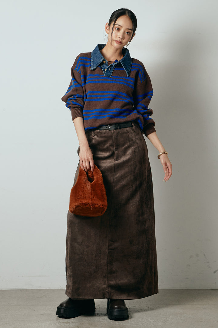 [SET]デニムレイヤード風ランダムボーダーニットプルオーバー+エコスウェードワイドスカート(2set)