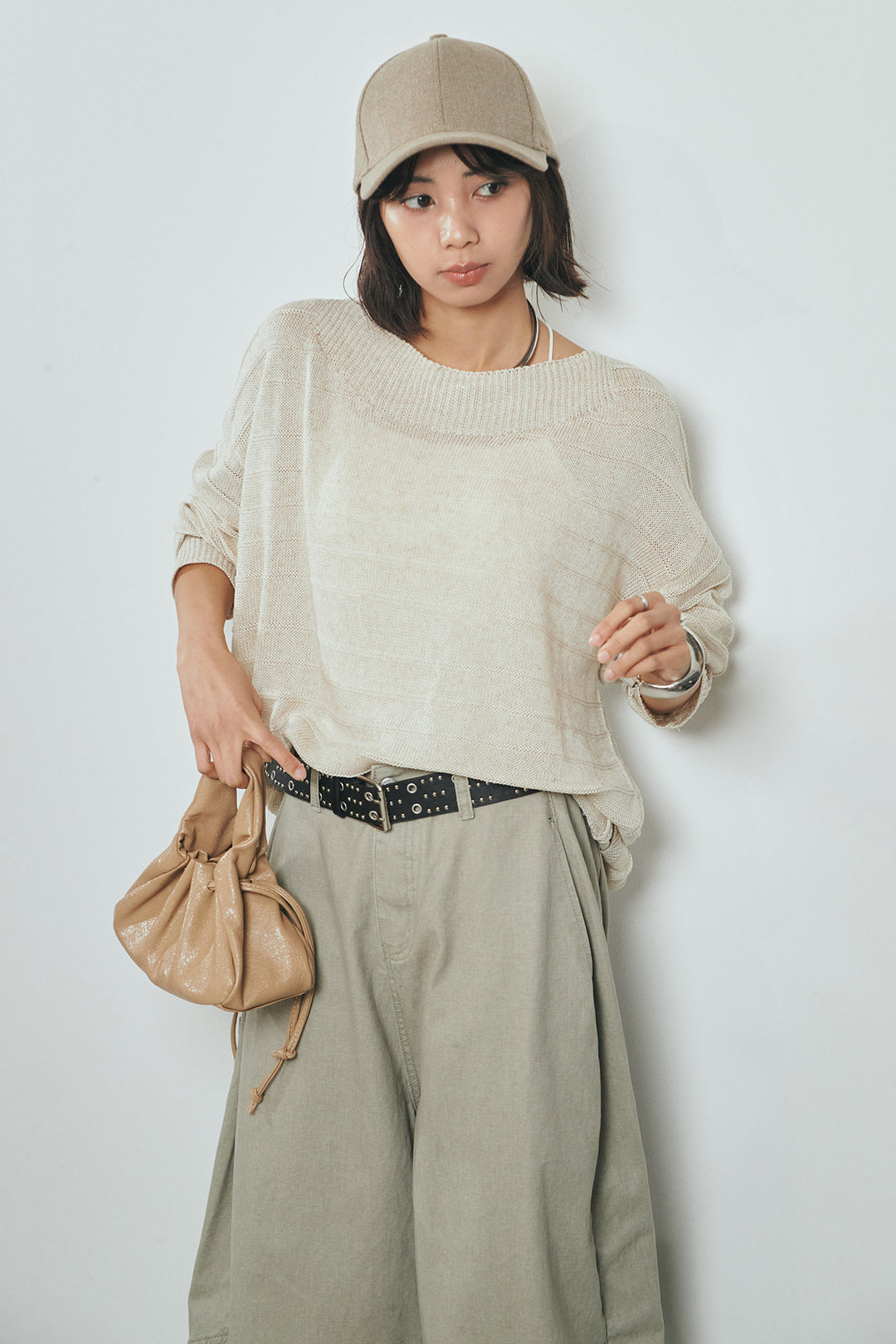 [SET]麻混リラックスニットトップス+ベルト付きカラーデニムパンツ(2set)