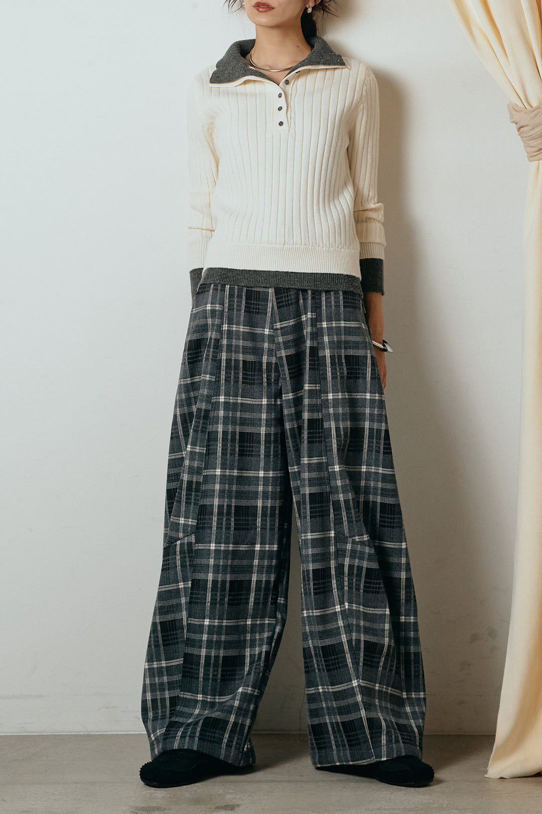 [SET]レイヤード風リブニットトップス+ベルト付きタータンチェックカーブワイドパンツ(2set)