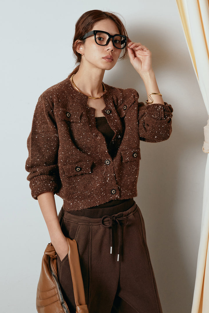 [SET]ネップニットカーディガン+スウェットワイドカーブパンツ(2set)