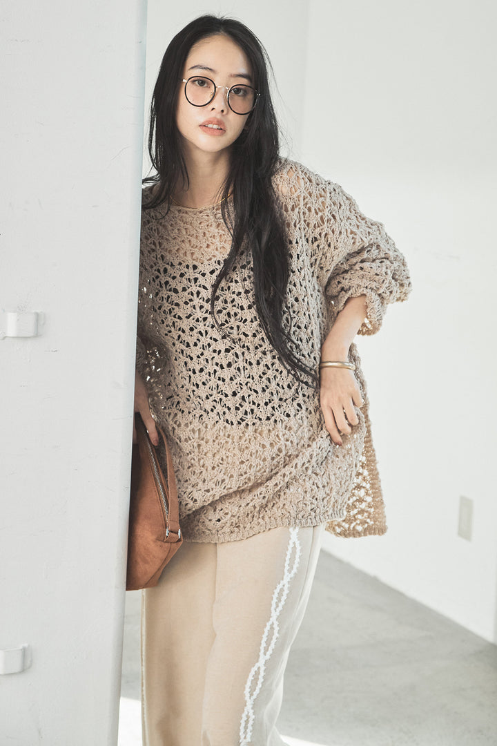 [SET]リラックスメッシュニットトップス+刺繡テープラインパンツ(2set)