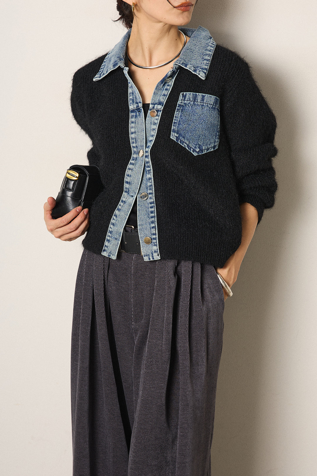 [SET]襟付きデニム切替ニットカーディガン+ベルトループコーデュロイワイドパンツ(2set)