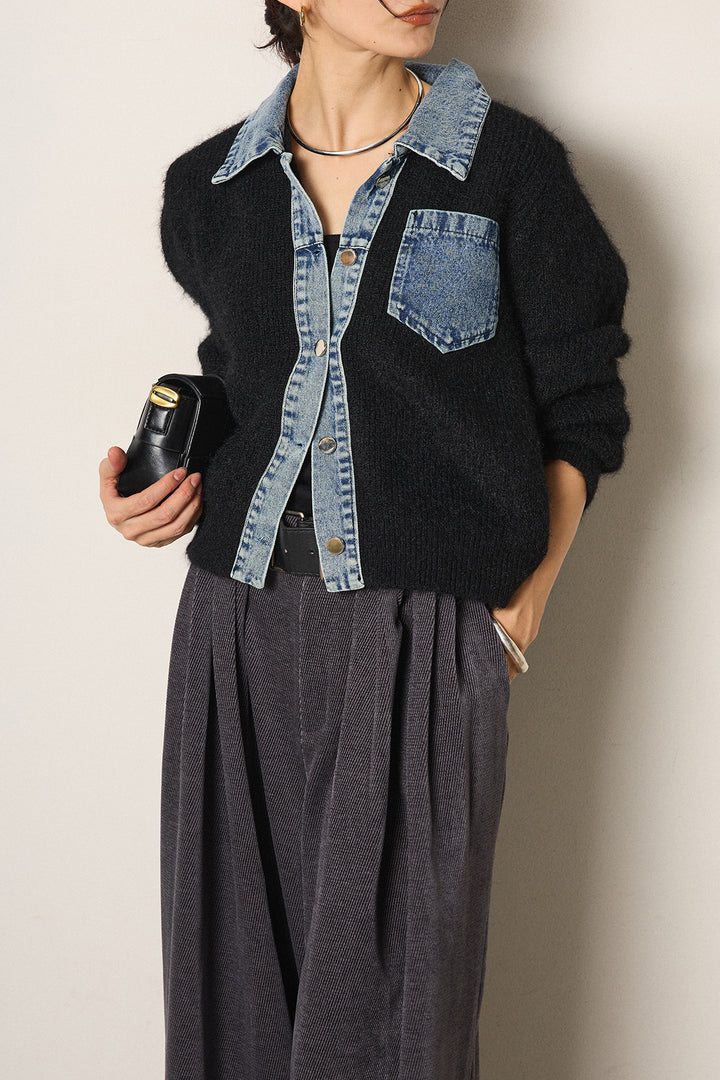 [SET]襟付きデニム切替ニットカーディガン+ベルトループコーデュロイワイドパンツ(2set)