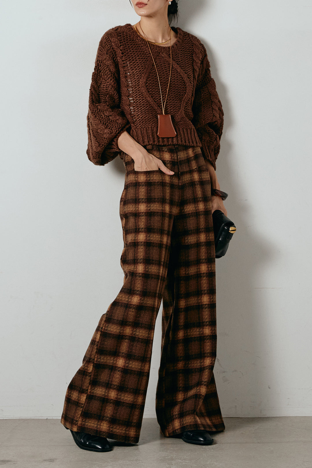 [SET]ロービングケーブルショート丈プルオーバー+ルーズタータンチェックワイドパンツ(2set)