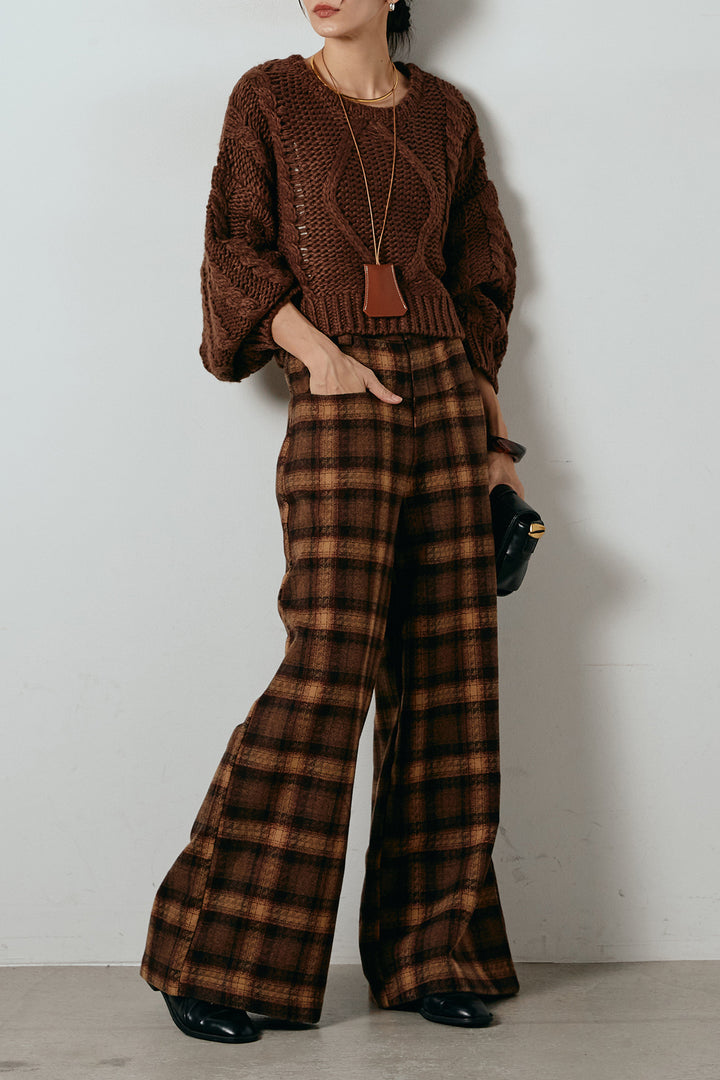 [SET]ロービングケーブルショート丈プルオーバー+ルーズタータンチェックワイドパンツ(2set)