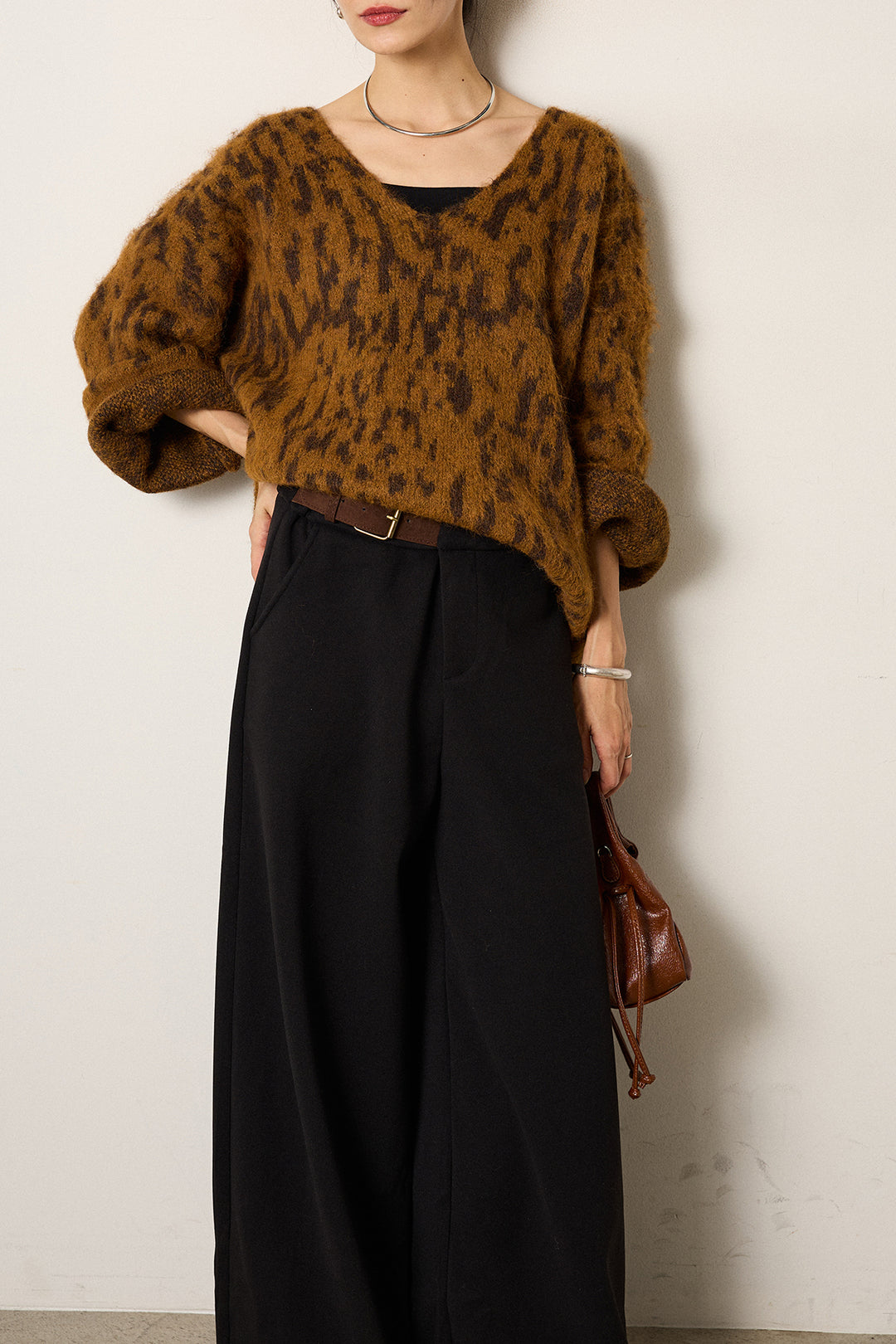 [SET]フラッフィーレオパードシャギーニット+サイドベルトパンツ(2set)