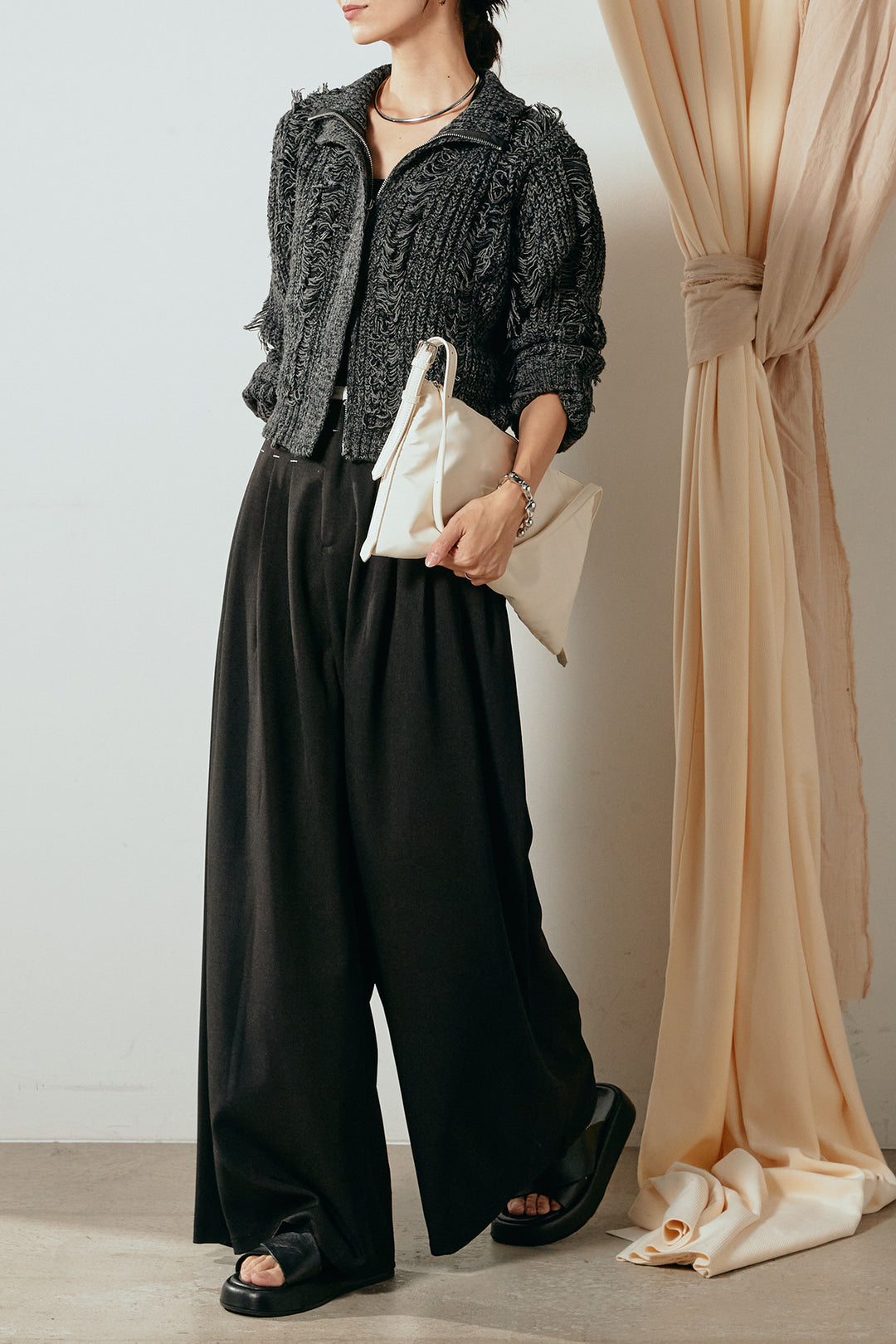 [SET]ハイネックフリンジジップニットトップス+ウエストステッチデザインワイドスラックス(2set)