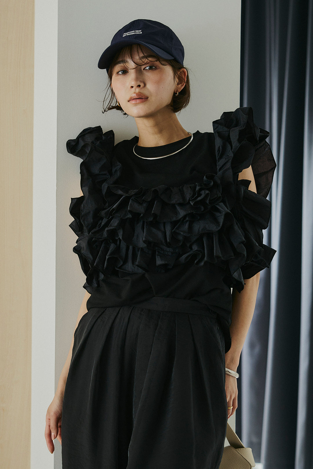 [SET]天竺ナイロンドッキングビスチェ風トップス+オーガンジータックパンツ(2set)