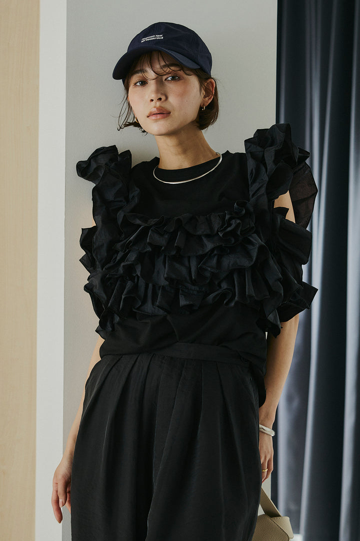 [SET]天竺ナイロンドッキングビスチェ風トップス+オーガンジータックパンツ(2set)