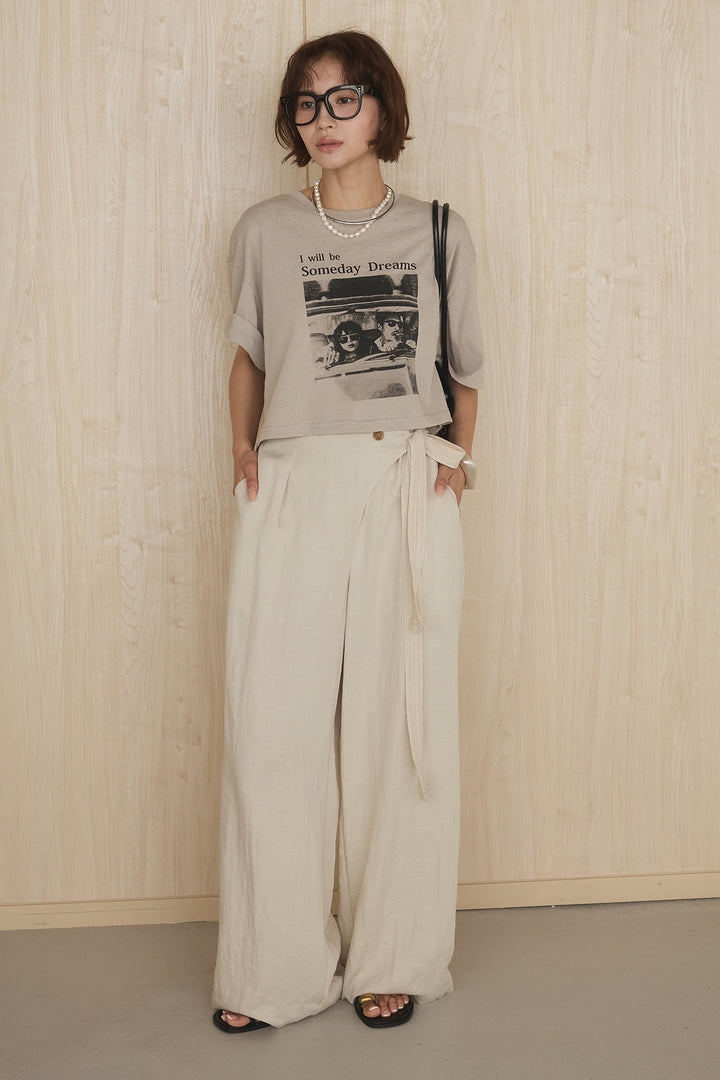[SET]グラフィックサムデイワイドクロップドT+異素材ベルト付きラップ風ニュアンスワイドパンツ(2set)