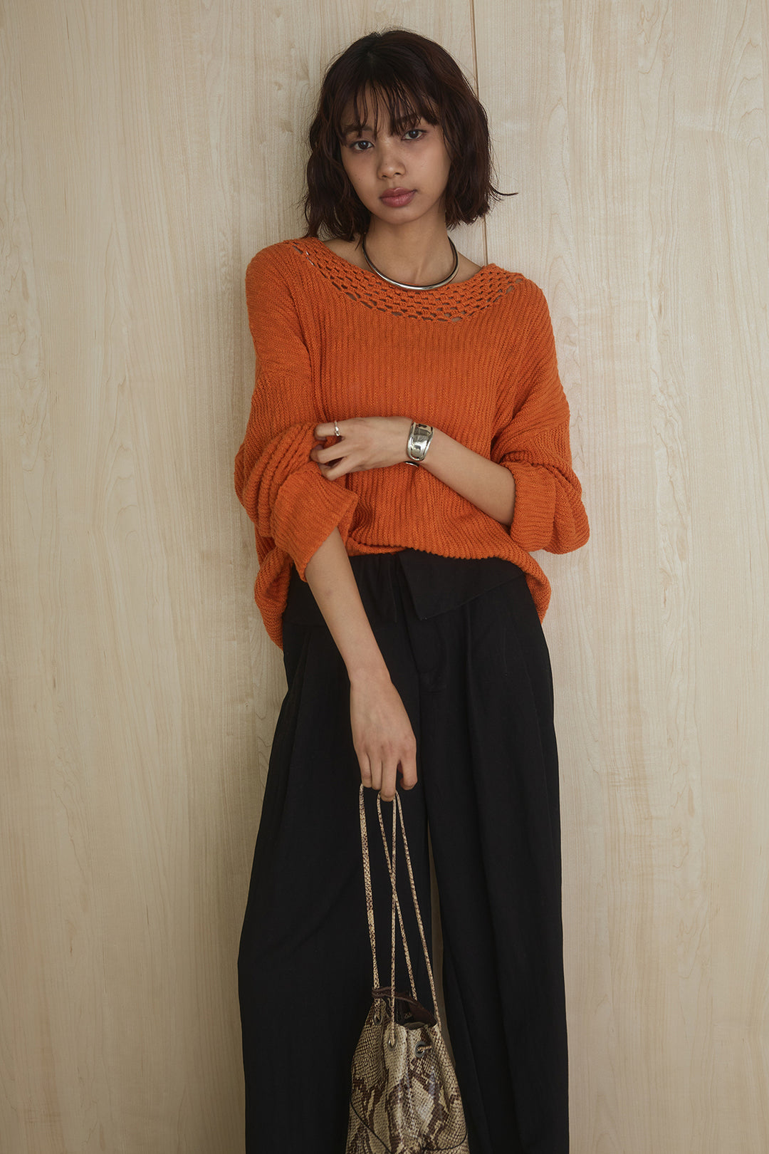 [SET]ネック編みデザインニットトップス+ウエスト折り返しワイドパンツ(2set)