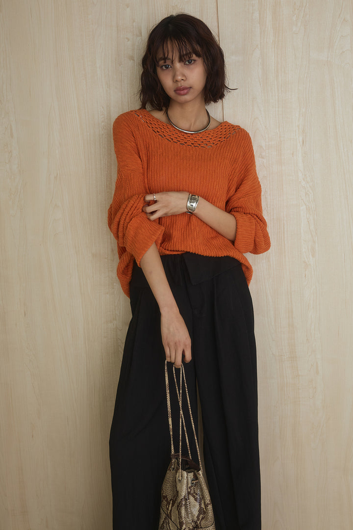 [SET]ネック編みデザインニットトップス+ウエスト折り返しワイドパンツ(2set)